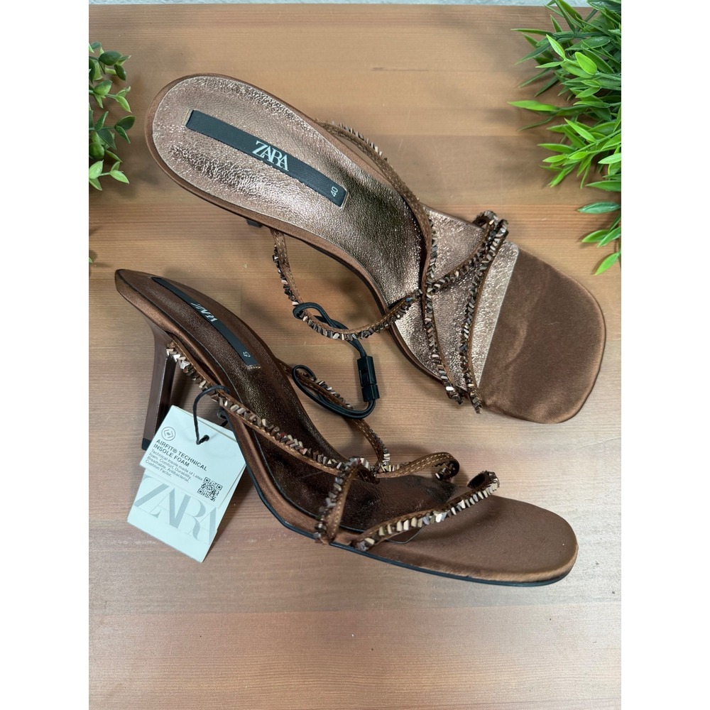 ZARA Womens Beaded Strappy Brown Heel Sandals Size 9